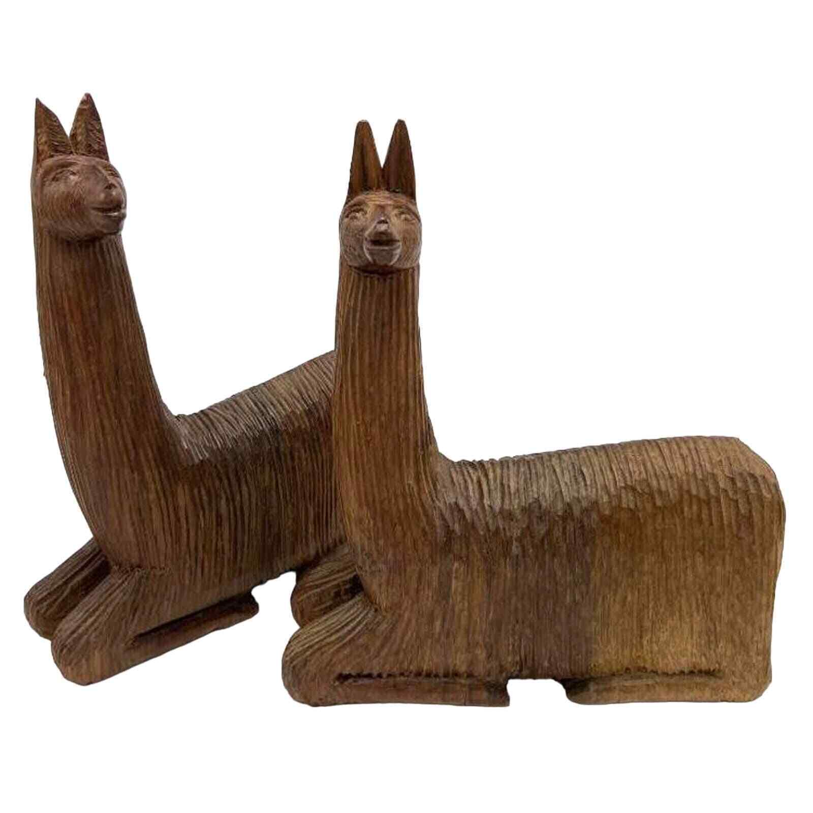 Collectible Hand Carved Brown Wood 2 Llamas 7-3/4\