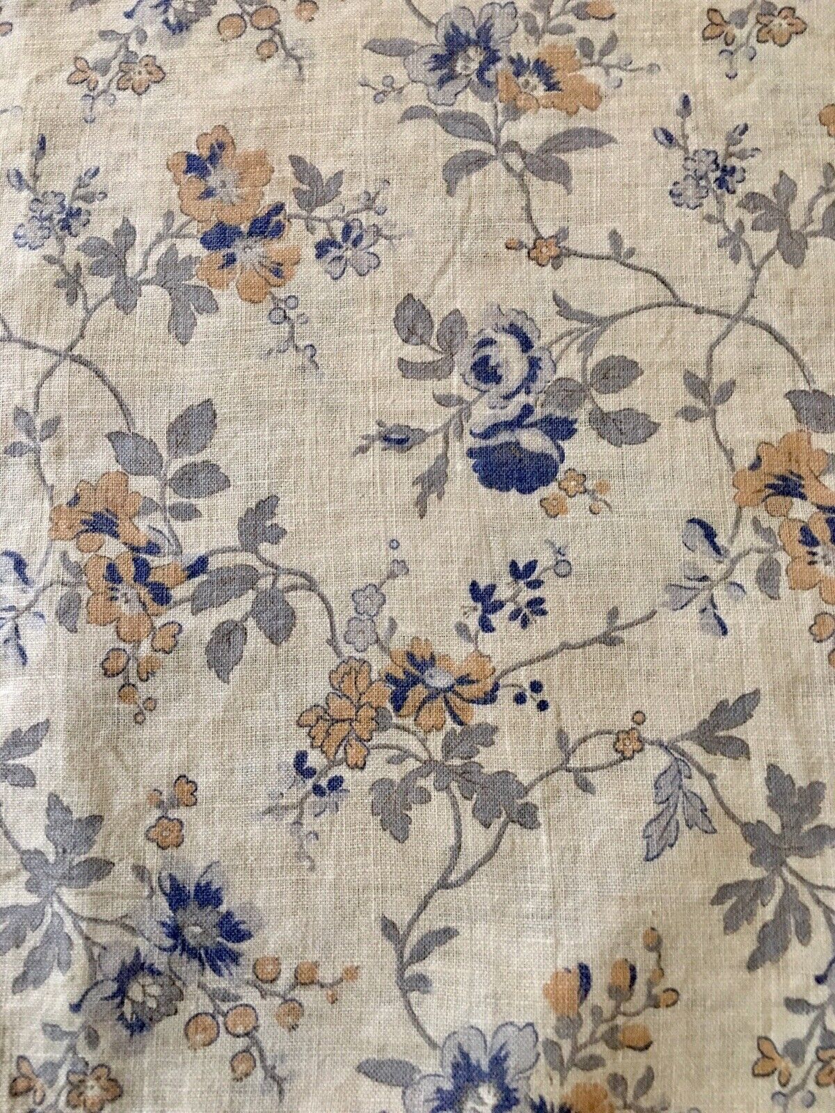 Antique French 19th Century Floral Roses Cotton Fabric ~Blue Gray Ochre Yellow