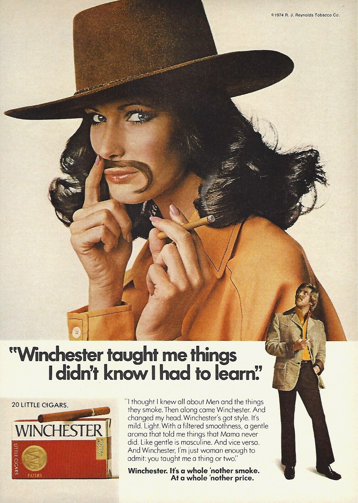 1974 Winchester Little Cigars Taught Me Things Smoking Woman vintage Print AD