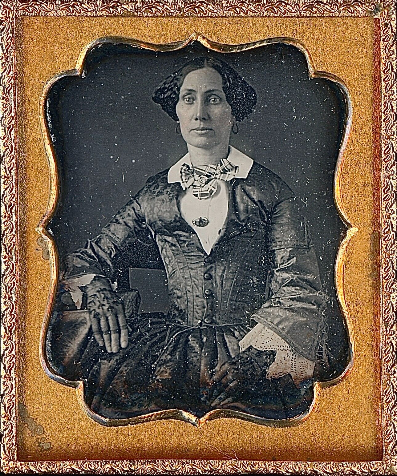 Light Eyed Woman Wearing Lace Gloves + Plaid Bow 1/9 Plate Daguerreotype S949