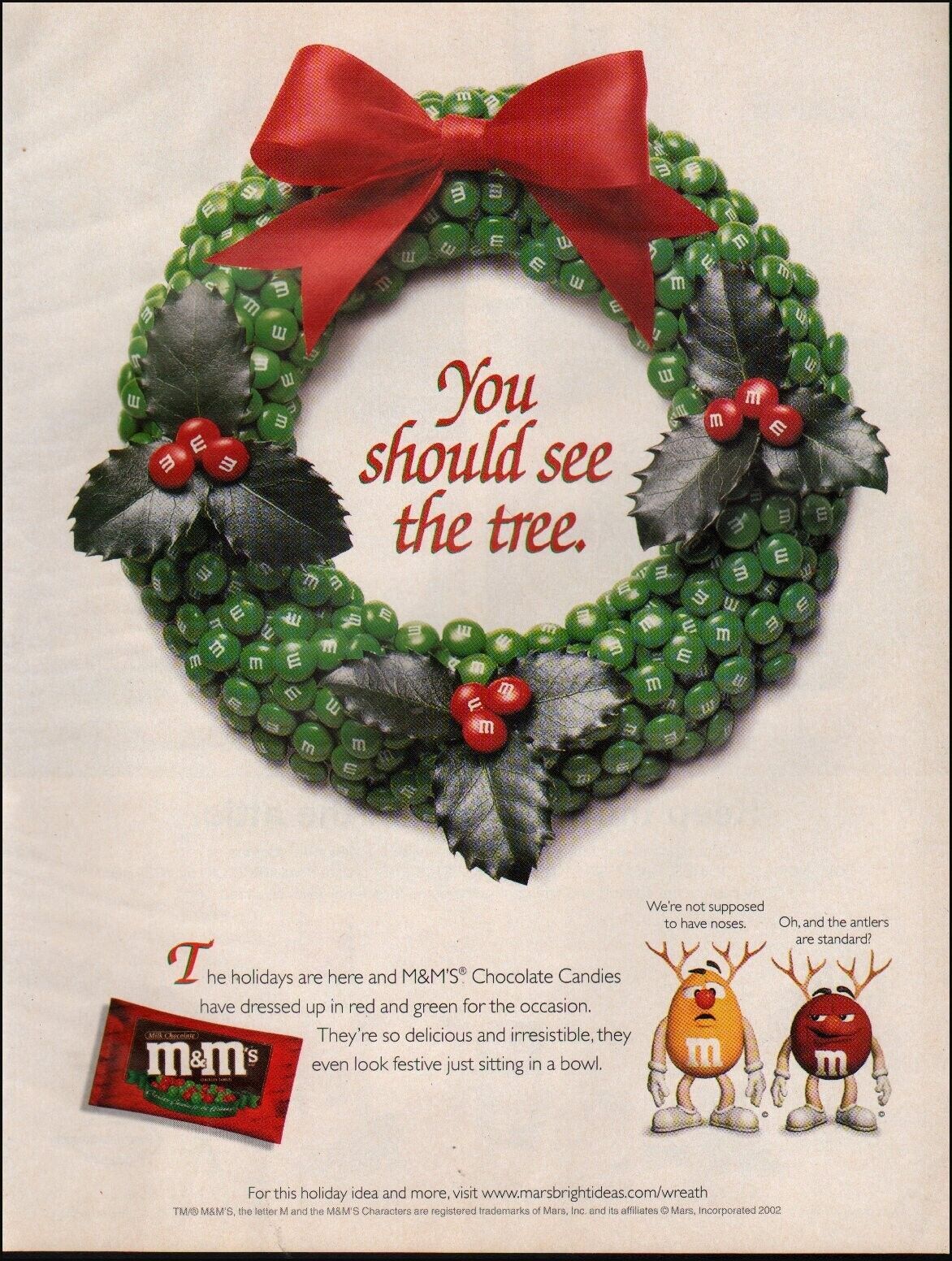 2002 Print ad M&M\'s Candy Christmas Wreath Red Yellow Humor     10/01/23