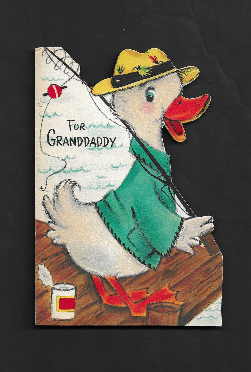 vintage Hallmark Greeting Father's Day GRANDDADDY Card flocked Duck Fishing Rod
