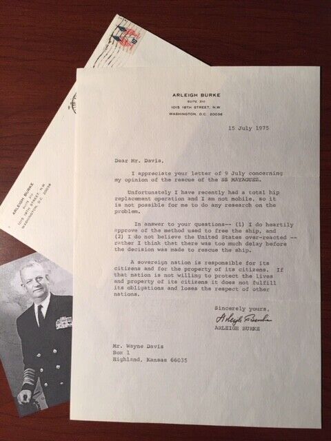 ARLEIGH BURKE TYPED LETTER SIGNED BY ADMIRAL & WWII NAVAL HERO ABOUT SS MAYAGUEZ