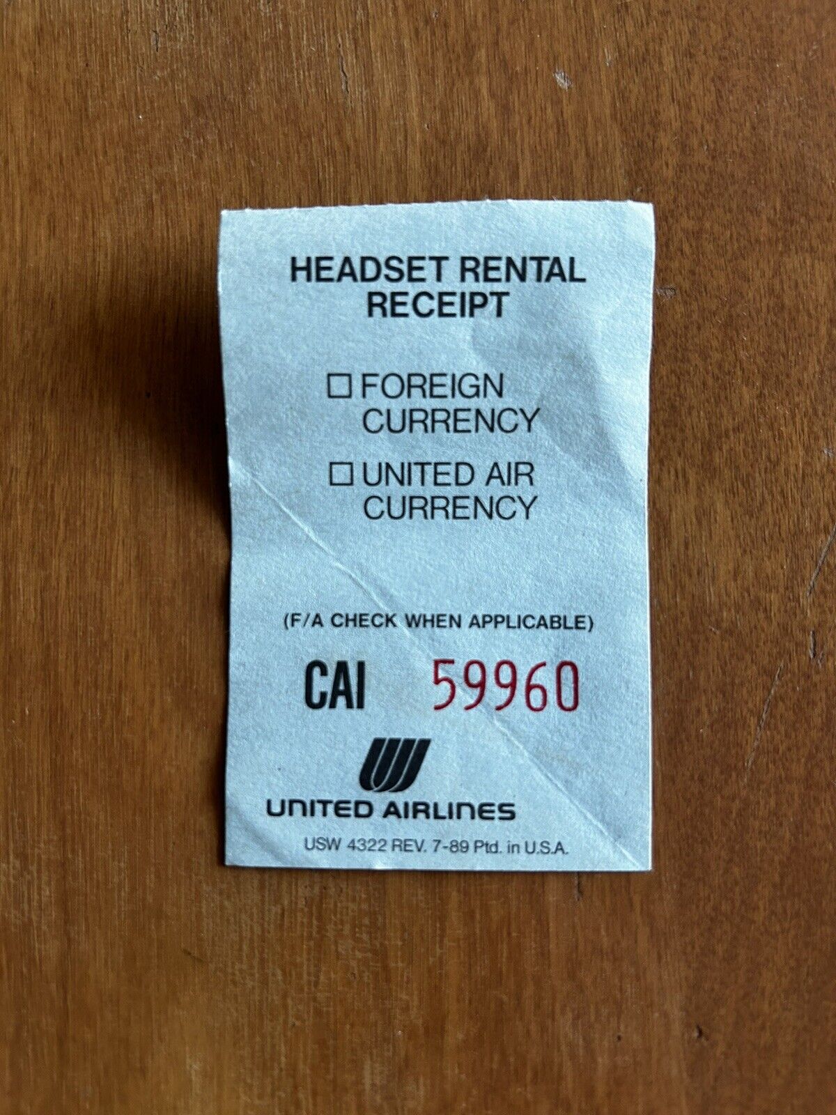 Vintage UNITED AIR LINEES Headset Rental Receipt Foreign Currency CAI Ticket