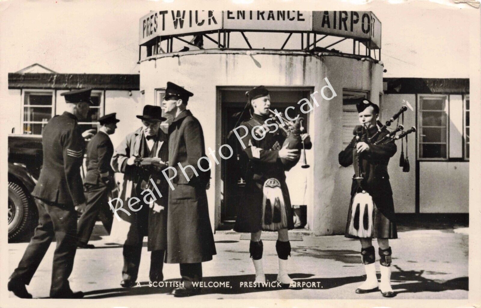 RPPC Bagpipe Welcome at Prestwick Airport Glasgow Scotland c1950s Photo Postcard