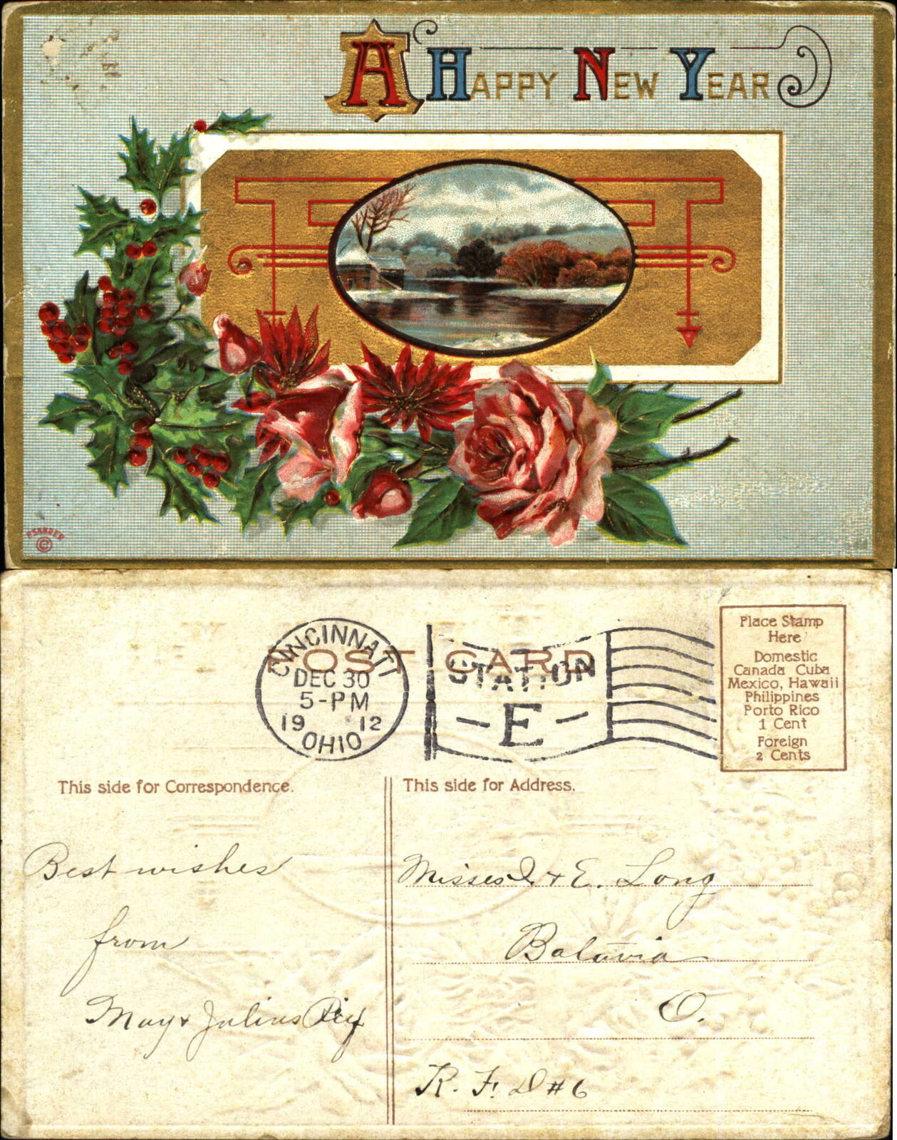 New Year postcard Art Deco pink roses~1912 Cincinnati OH to Miss LONG Batavia OH