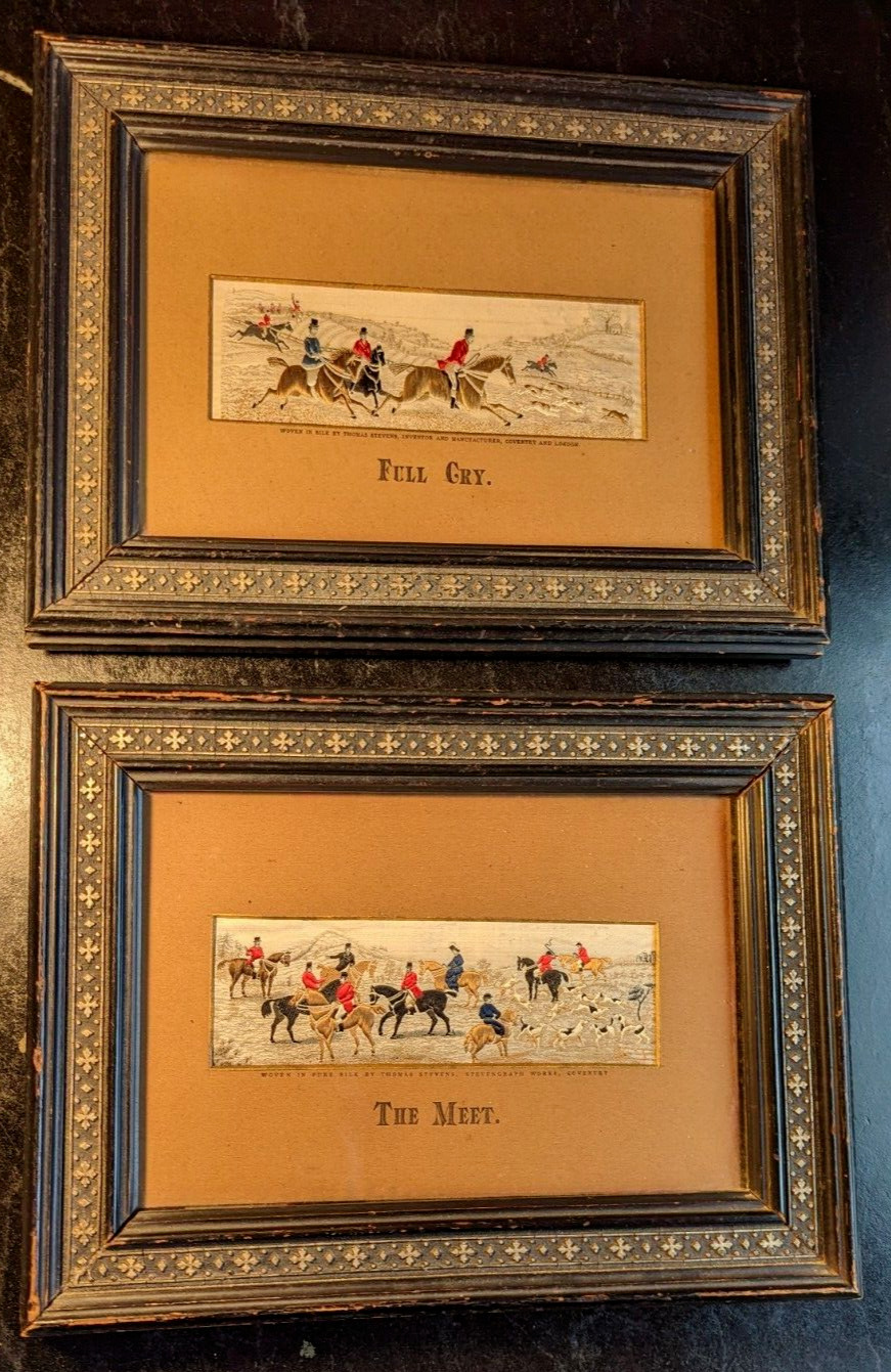 Pair of Antique Stevengraphs in Exceptional Original Frames      Fox Hunt Scenes