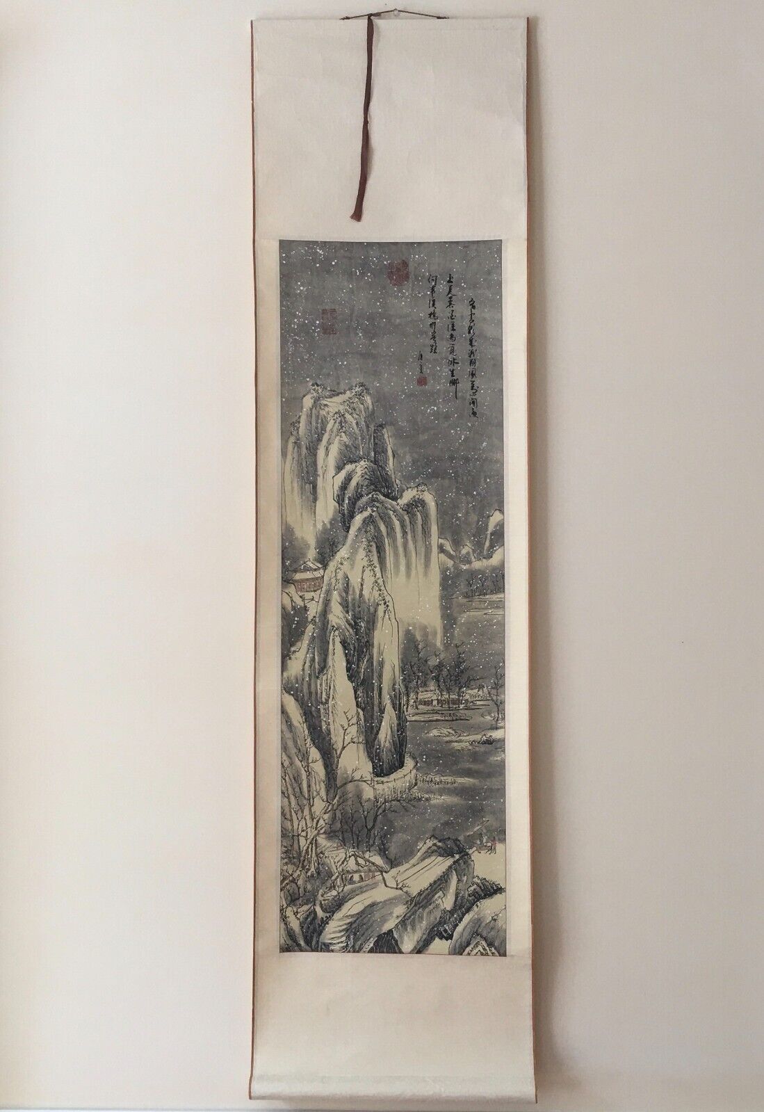 Vintage 1980s Chinese Landscape Painting Decorative Hanging Scroll 60