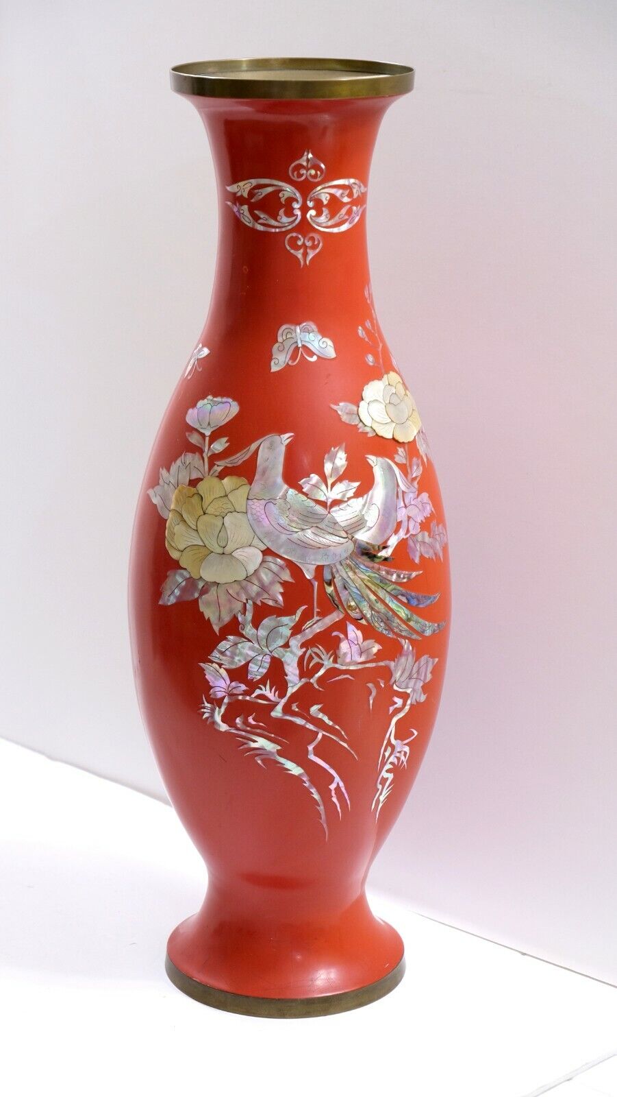 Vintage Korean Hand Inlaid Mother of Pearl on Red Metal 23\