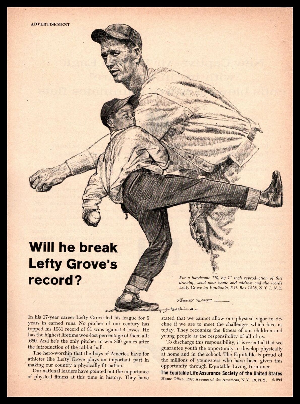 1961 Lefty Grove HOF Pitcher Robert Riger Art Equitable Life Insurance Print Ad