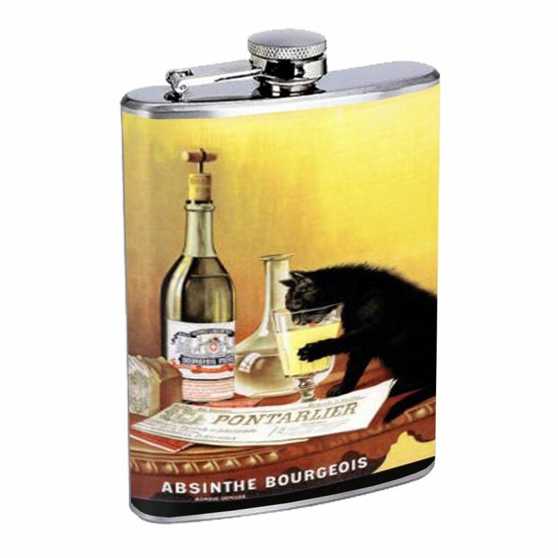 Absinthe Bourgeois Black Cat Flask D62 8oz Stainless Steel Cat Drinking on Table