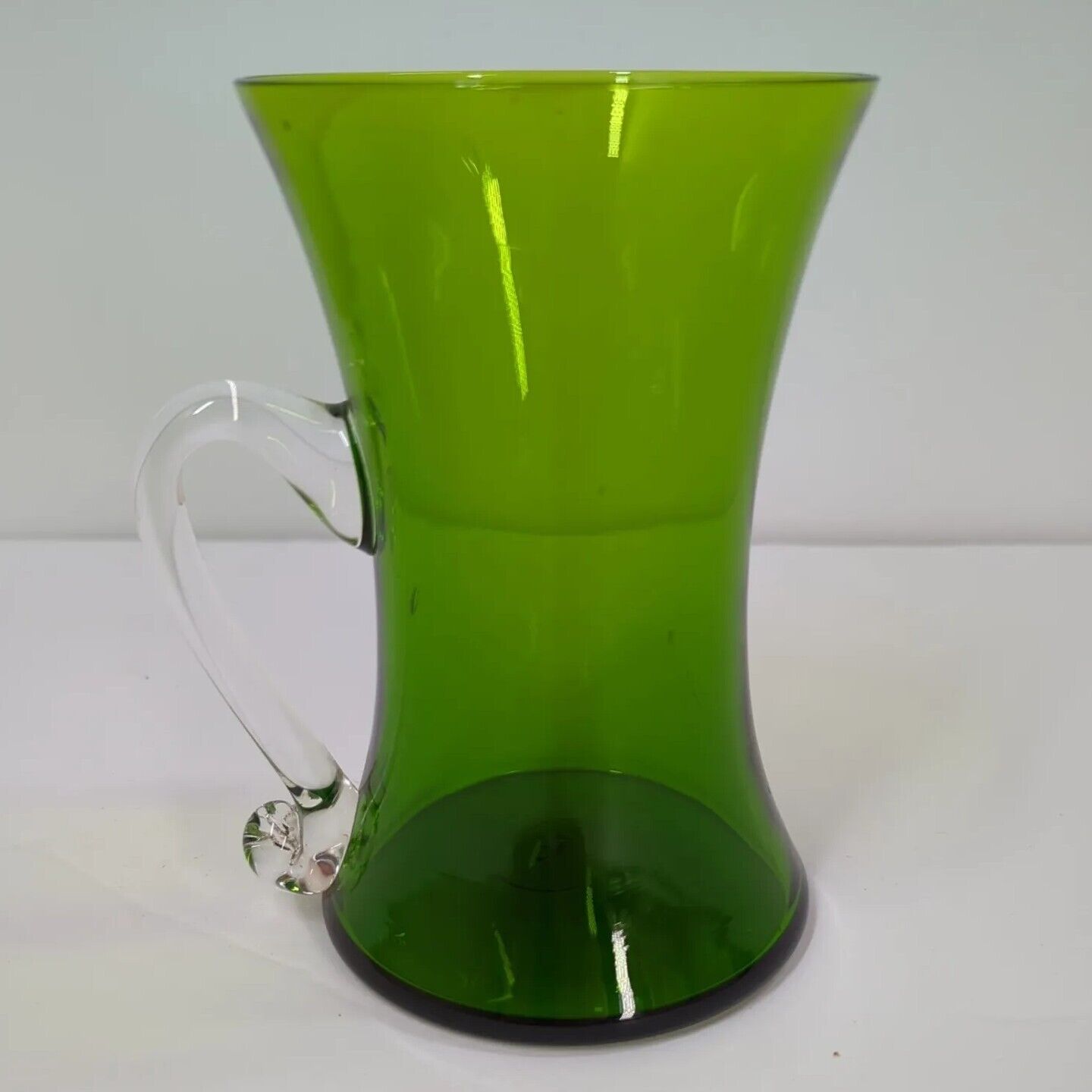 Vintage Enesco Hand Blown Glass Green Vase W/ Clear Handle 5 1/4\