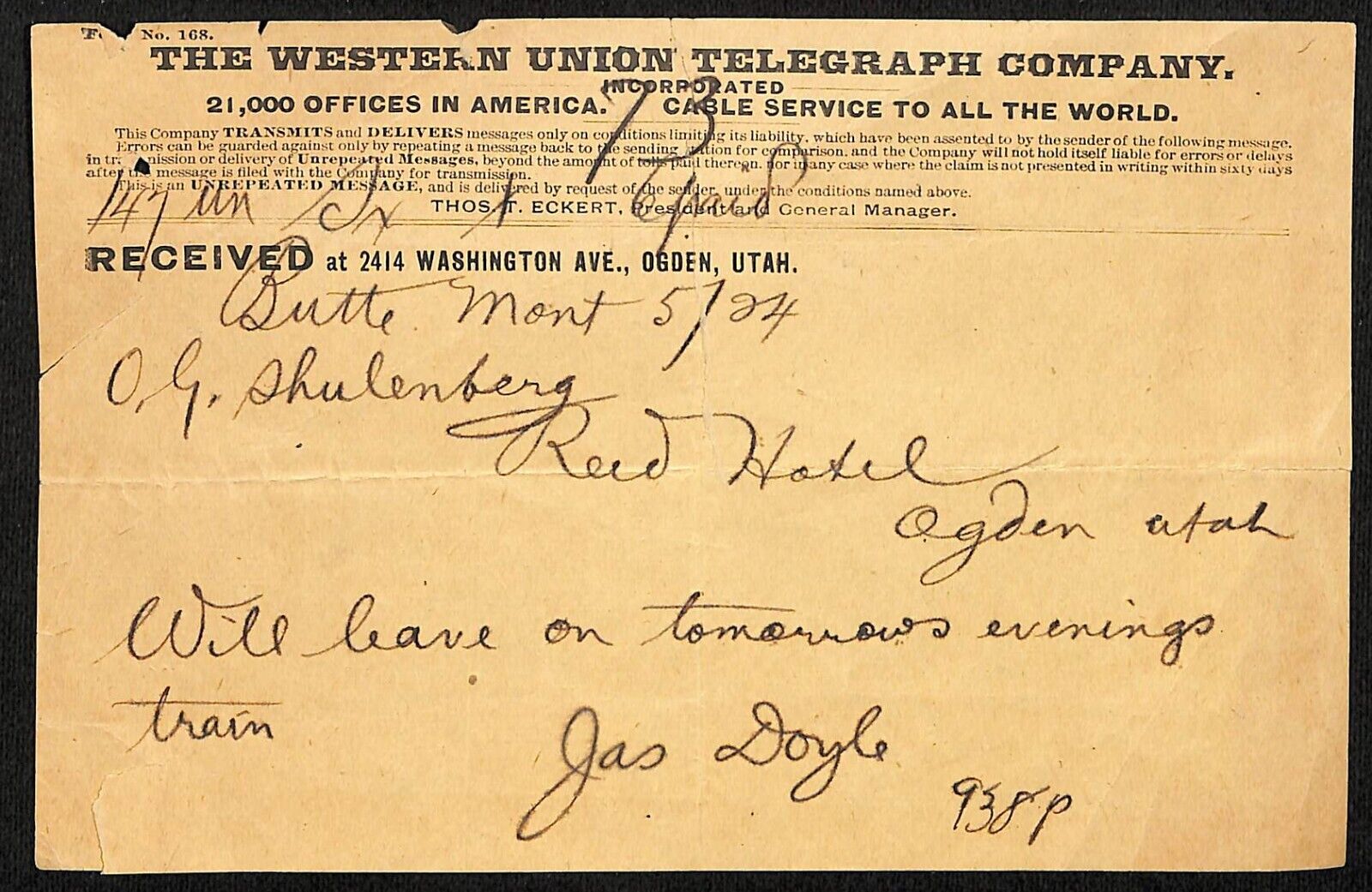 Western Union Telegraph Butte, MT 1873 re: Reid Hotel / Leave on Train / Tear