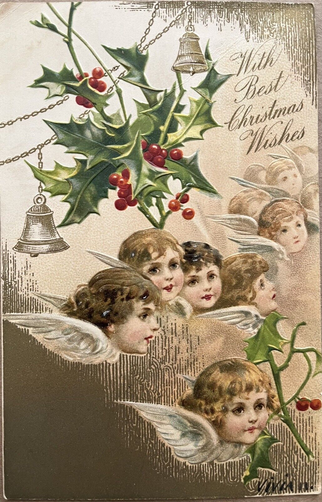 Antique Christmas Cherub Angel Faces Bells Holly Vintage Embossed Postcard c1900