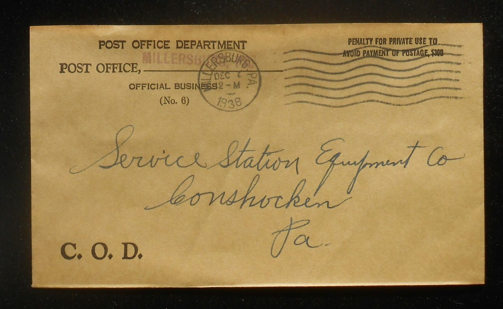 1936 POSTAL HISTORY Post Office Official Business C. O. D. Millersburg PA Cover
