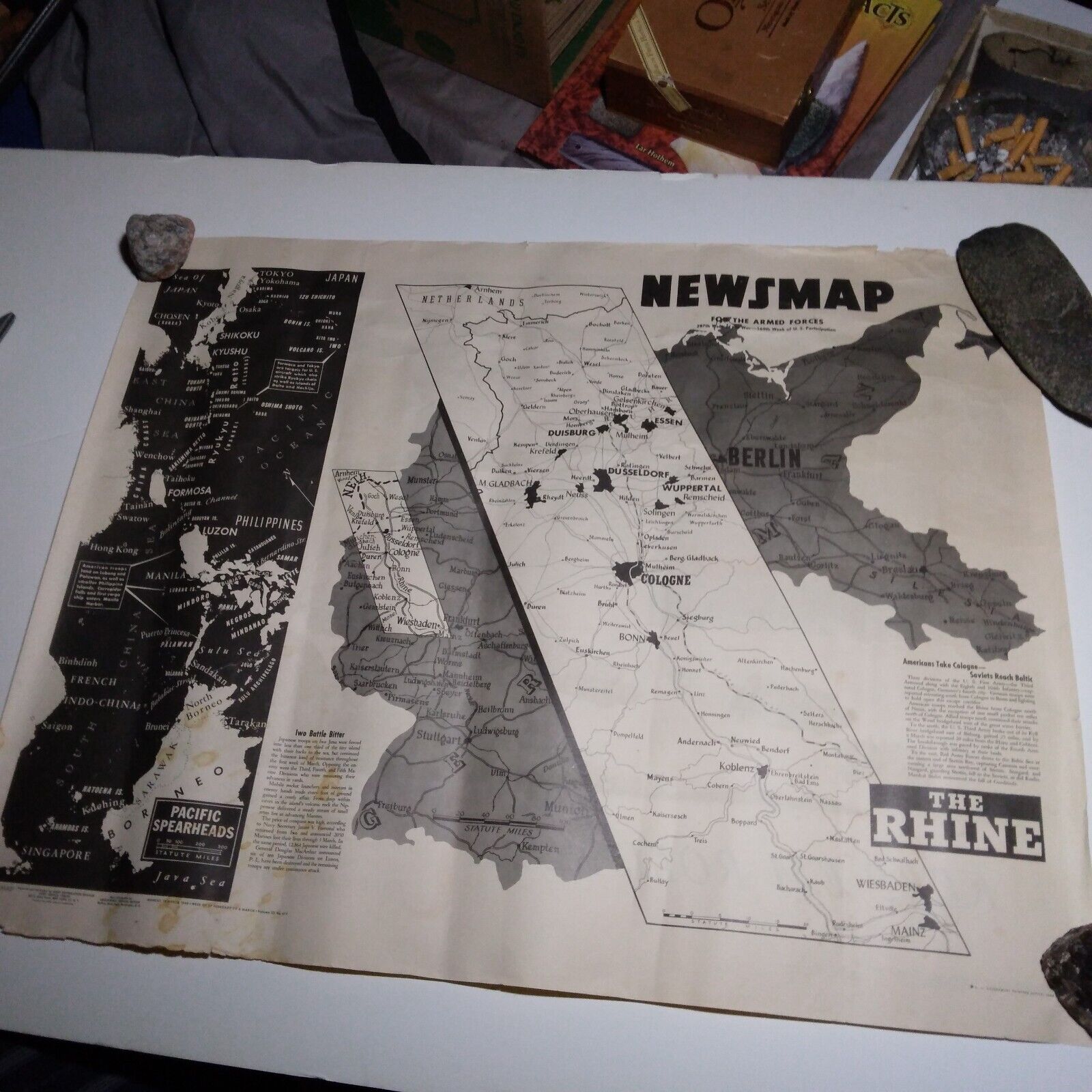 The Rhine..  1944..  WW2 News Map..  Map Give Progress Of War To Citizens At...