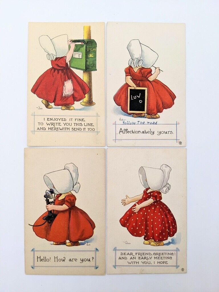 Matching Set 4 VTG Antique Bergman Red Dress Girl Bonnet Wall Telephone US Mail