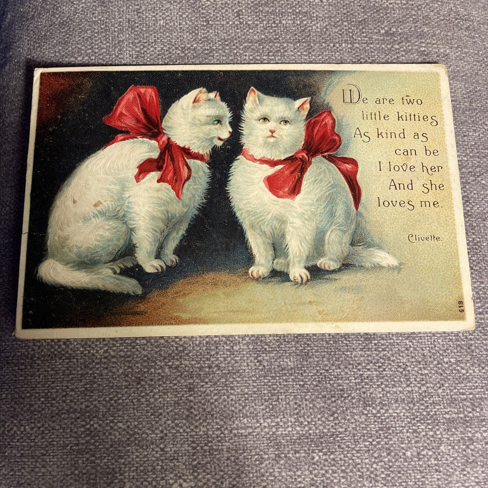 Cute White Cats With Red Bows Vintage Embossed Postcard Postmark 1907
