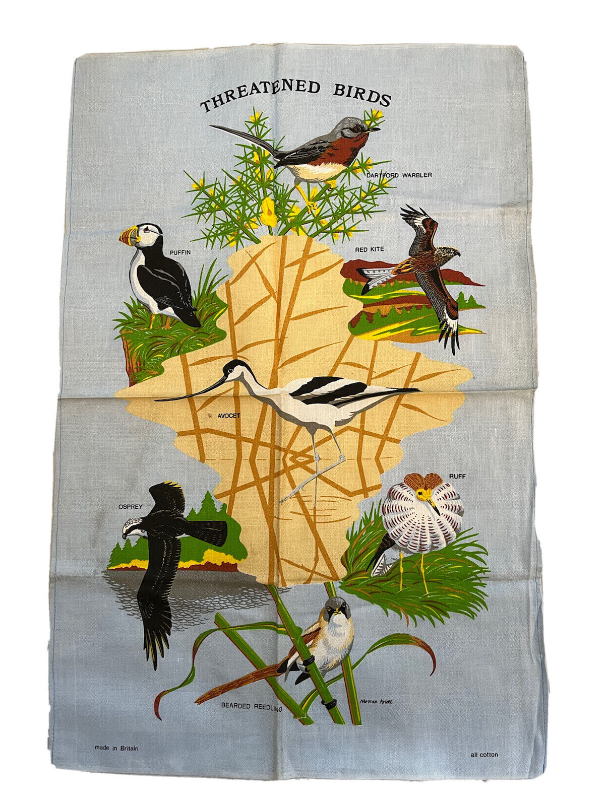 NWOT Vintage Cotton Tea Towel / Wall Decor Threatened Birds England UK