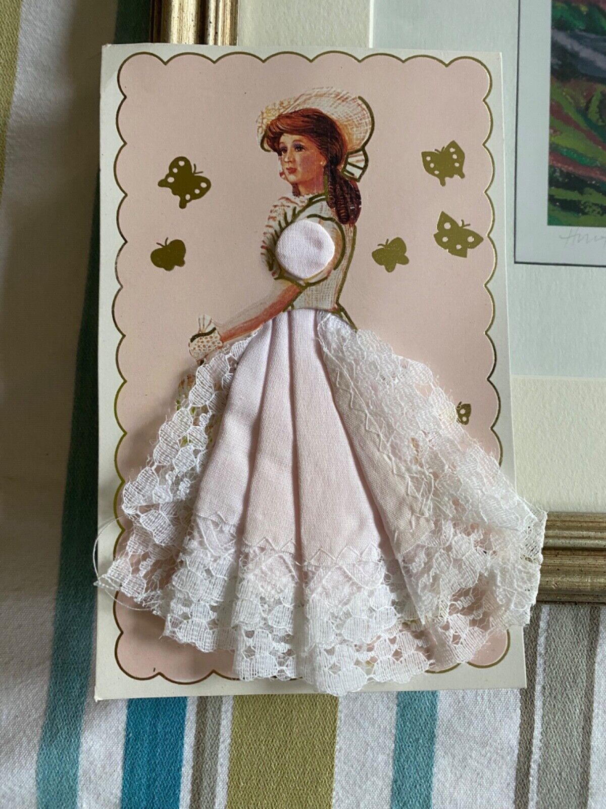 Vintage Paper Doll Hankie Card Holder Pink Lace