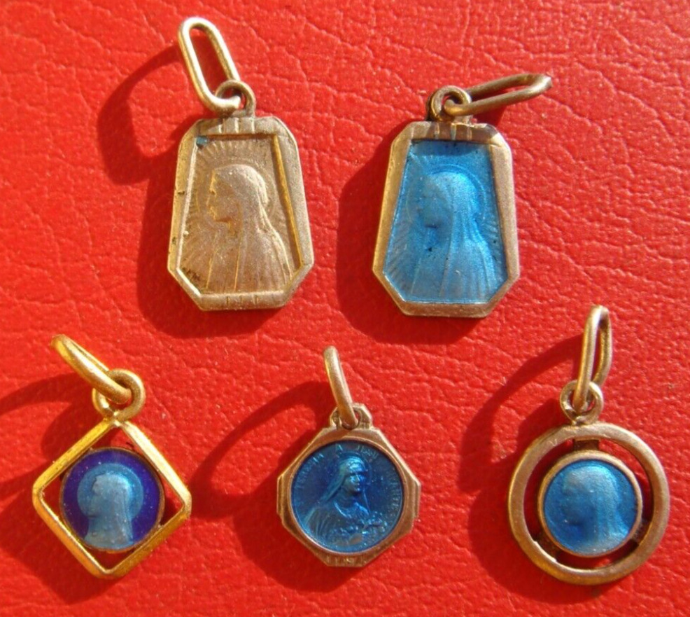 ANTIQUE FRANCE SILVER TINY HOLY RELIGIOUS LOT OF 5 BLUE ENAMEL MEDALS PENDANTS