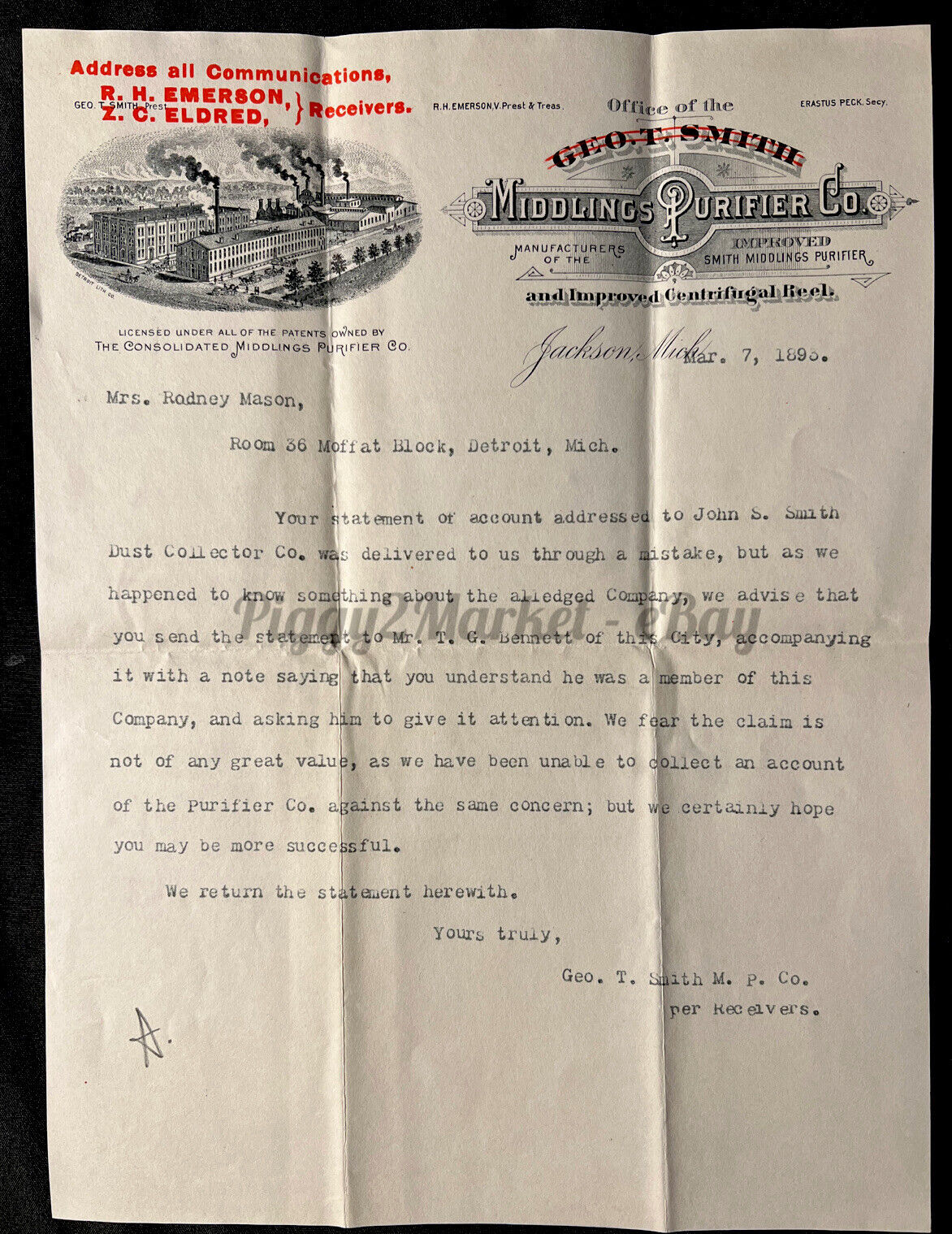 Vtg 1893 MIDDLINGS PURIFIER Co. Centrifugal Reel Letter Jackson Michigan
