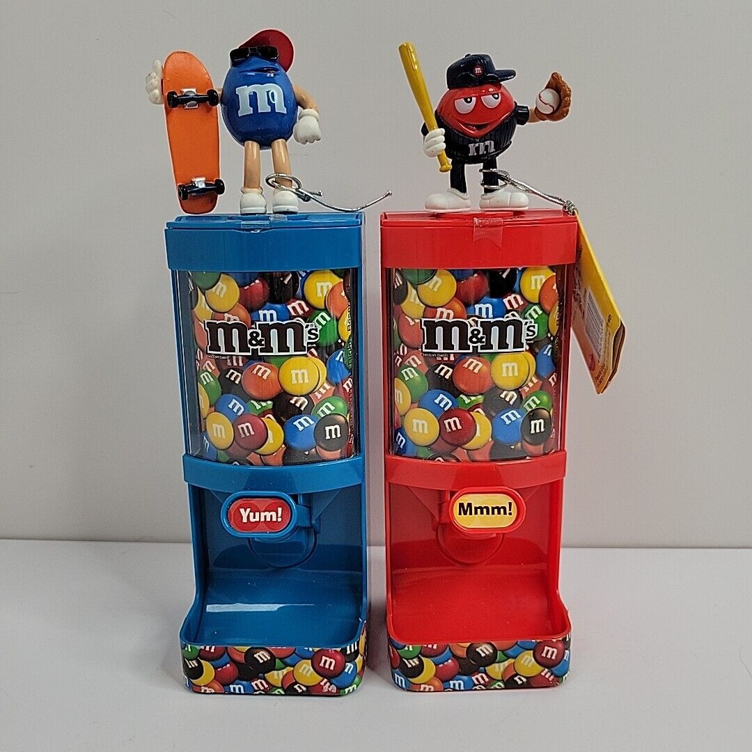 Set of 2 M&M\'s Blue With Skateboard Red Playing Baseball Mini Candy Dispenser