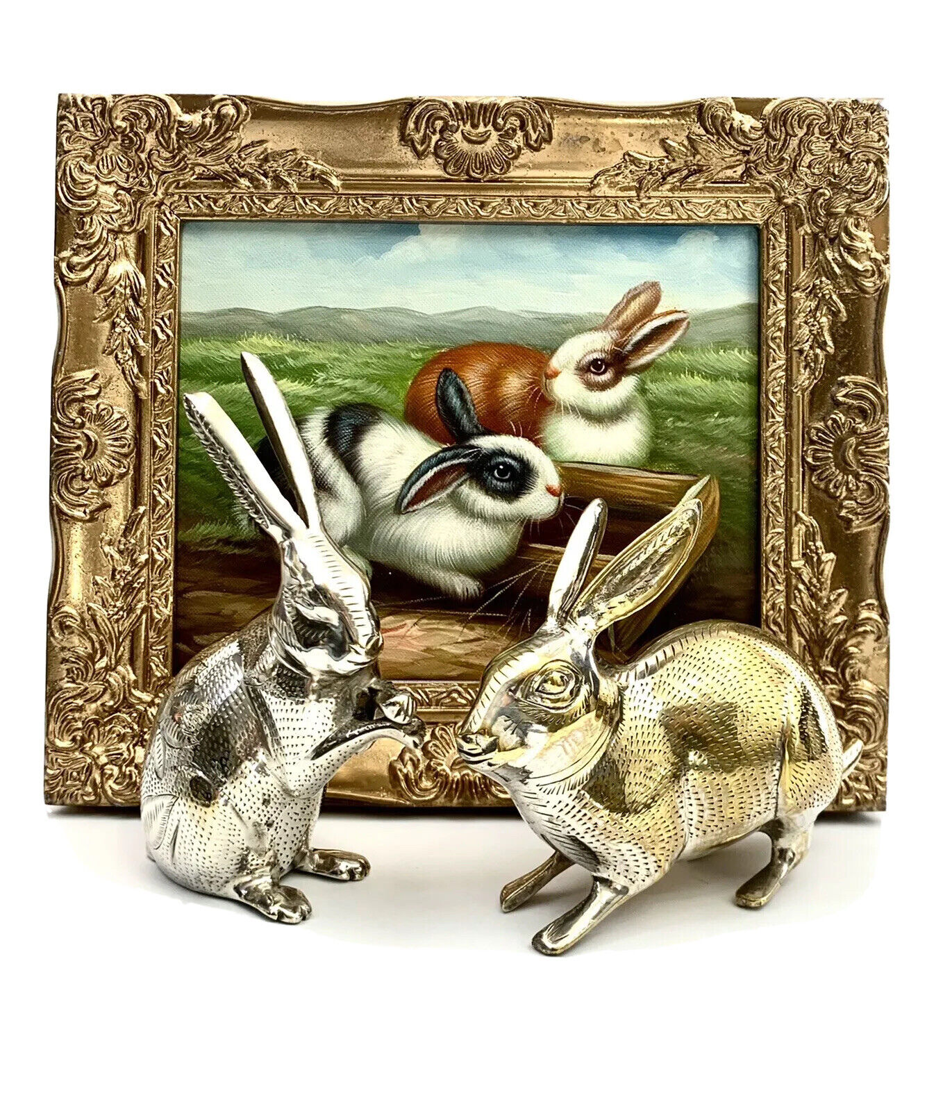 Bunnies / Rabbits / Hares Pair of Metal Figurines Vintage Home Decor