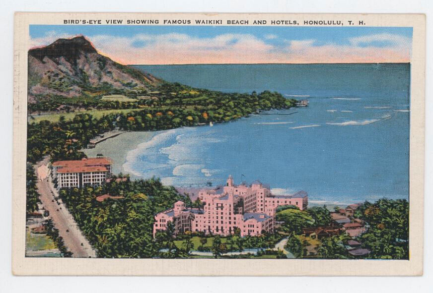 Vinatge Hawaii Postcard-Birds Eye View of Waikiki and Hotels   1943 -Free ship