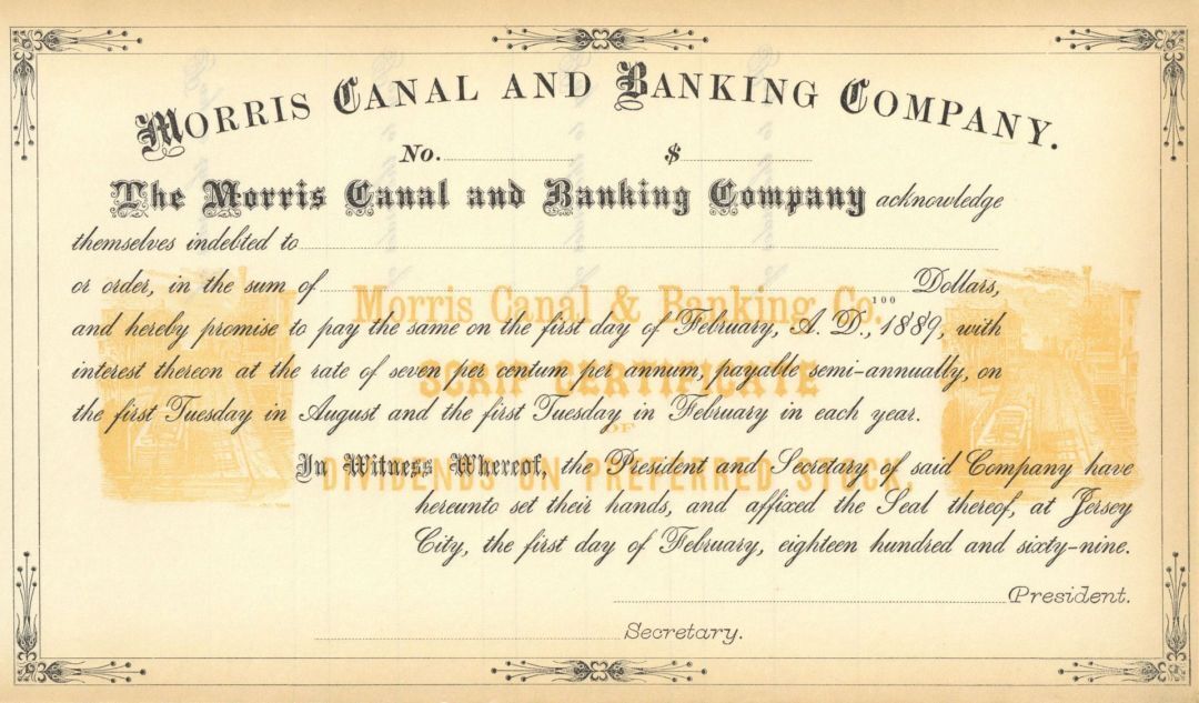 Morris Canal and Banking Co. - 1869 dated Unissued New Jersey Banking and Canal 