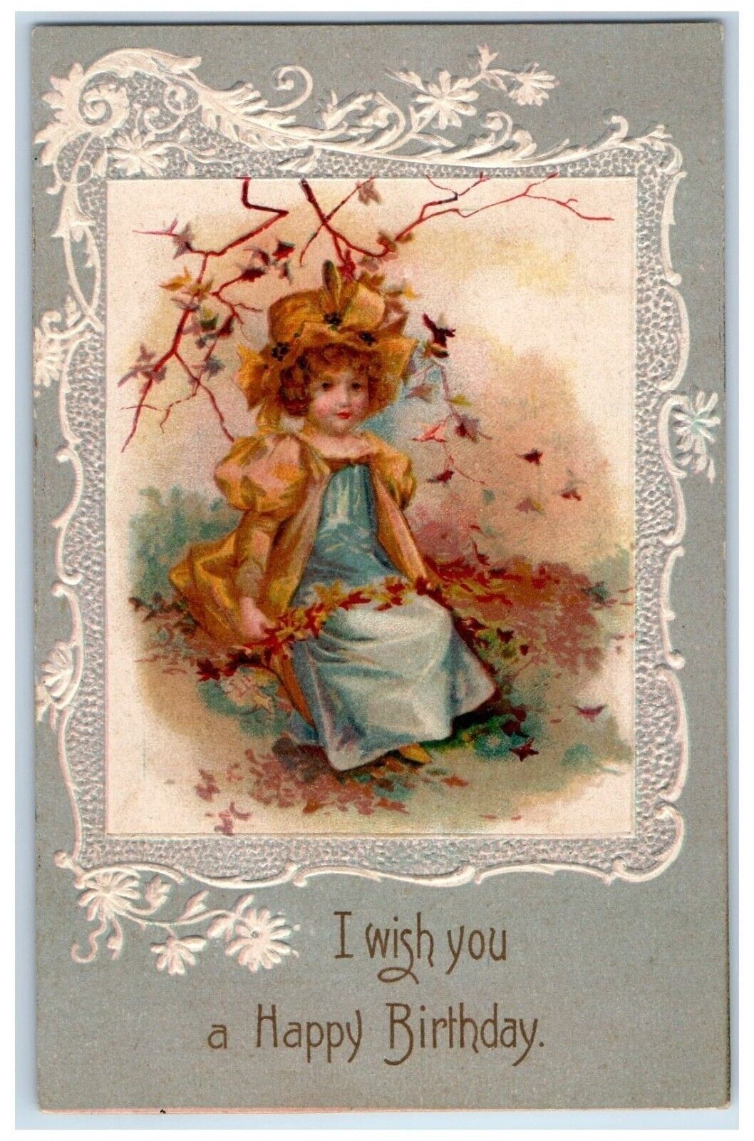 1908 Happy Birthday Pretty Girl Flowers Clapsaddle Embossed Antique Postcard