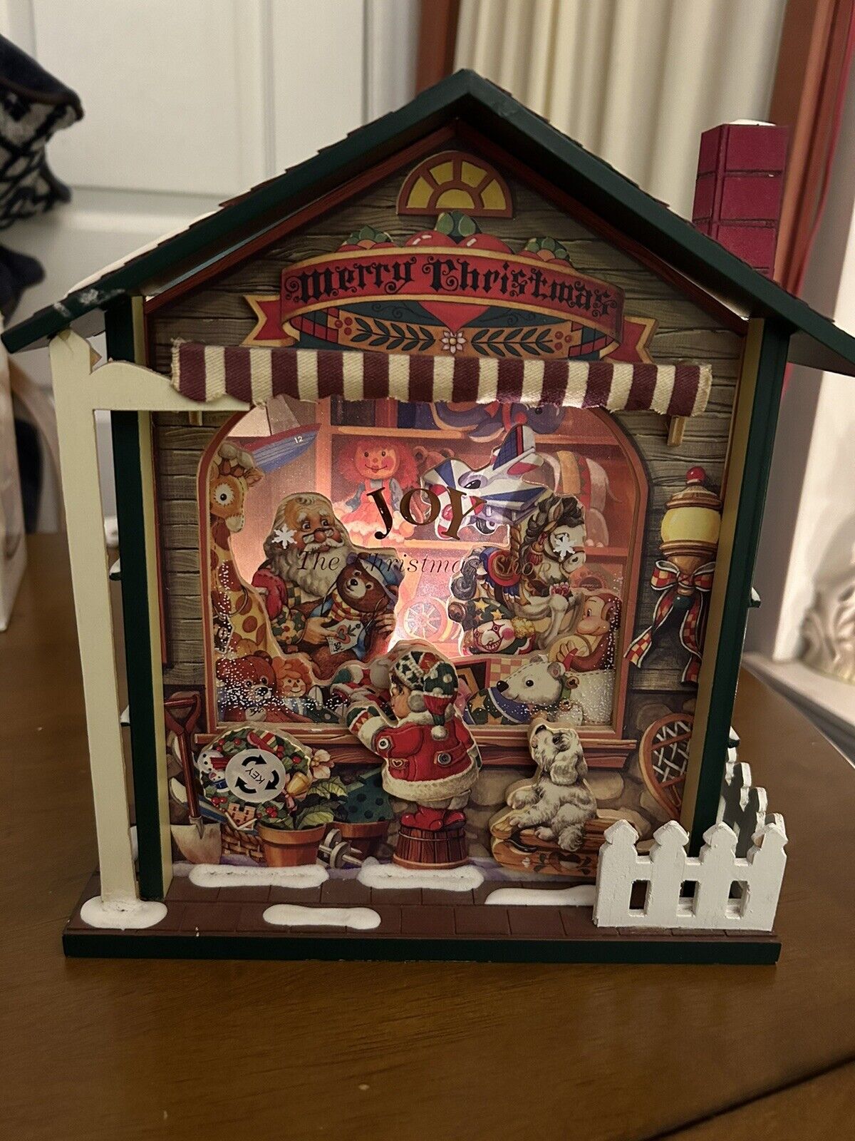 TESTED Vintage Joy The Christmas Shop Musical Wooden House 3D Animated Turn Key