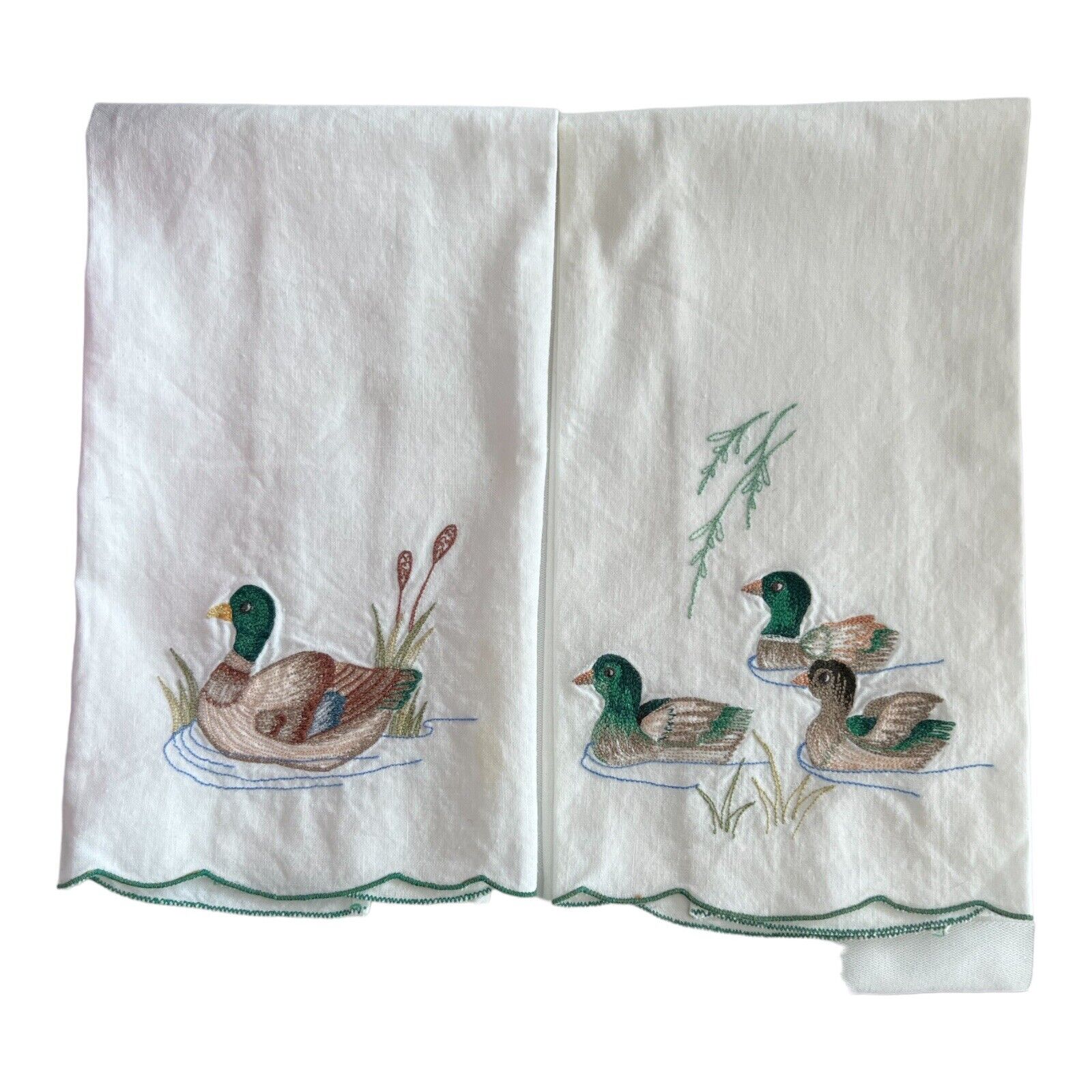 Vintage Embroidered Duck Tea Towel Pair - Retro White Linen Mallard Pond