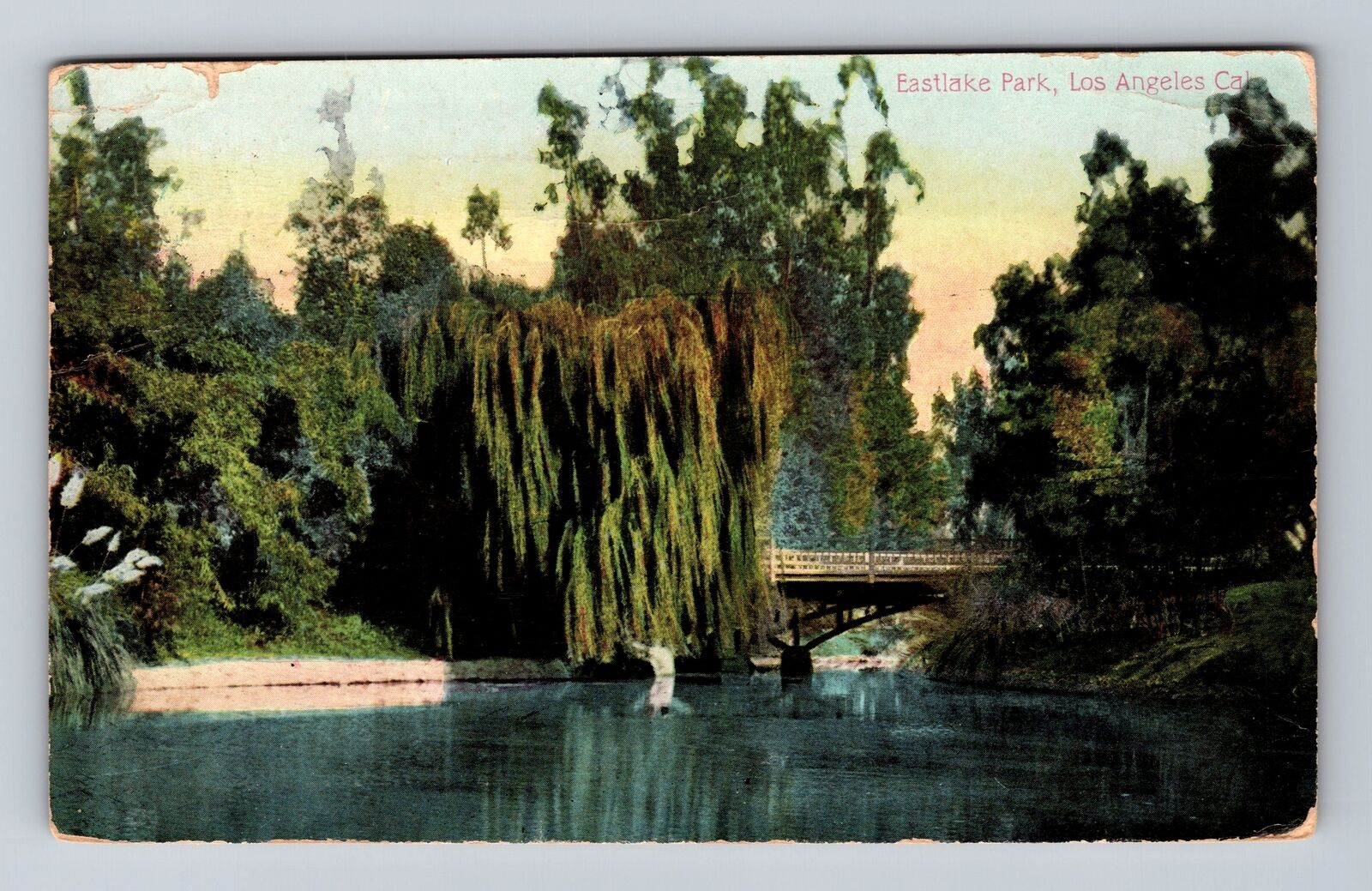 Los Angeles CA-California, Eastlake Park, Lake and Bridge, Vintage Postcard