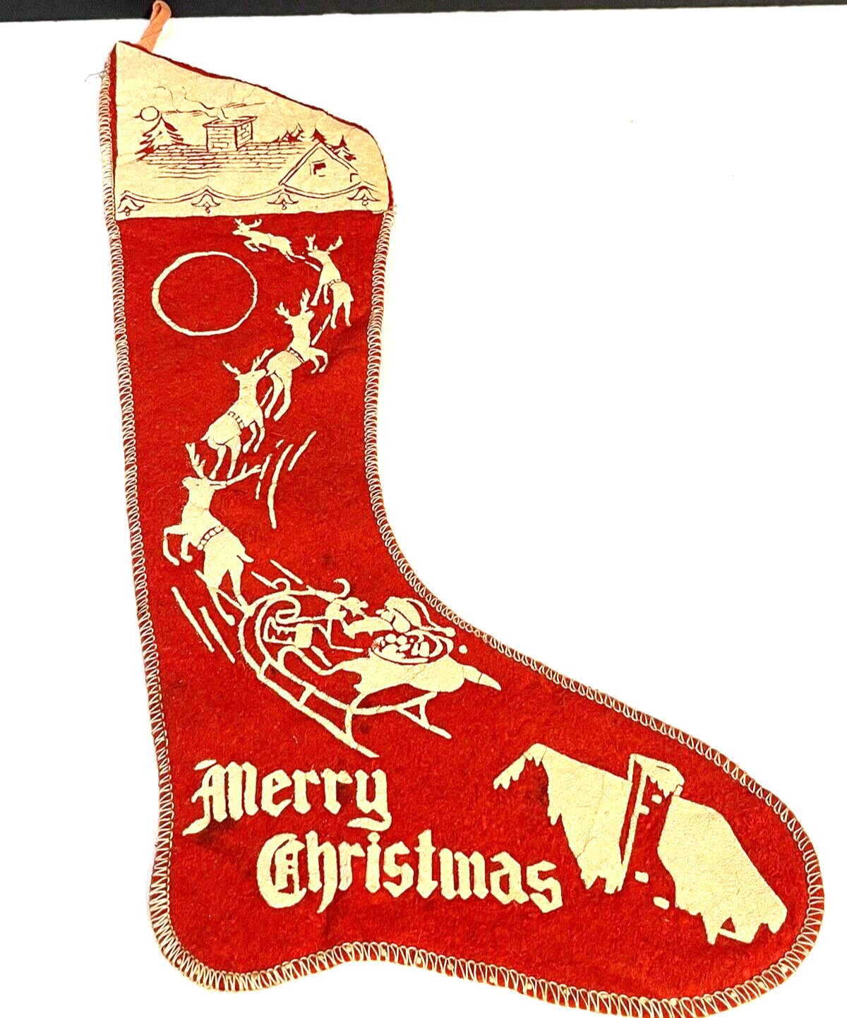 Christmas Sock Vintage Santa Sleigh Felt Sock 1950's