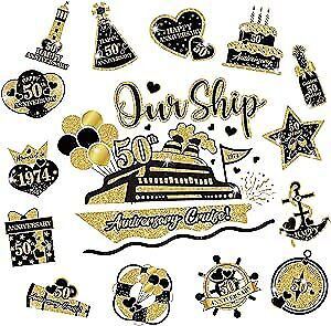 50th Anniversary Cruise Door Magnets Decorations, Gold Black Happy 50th 