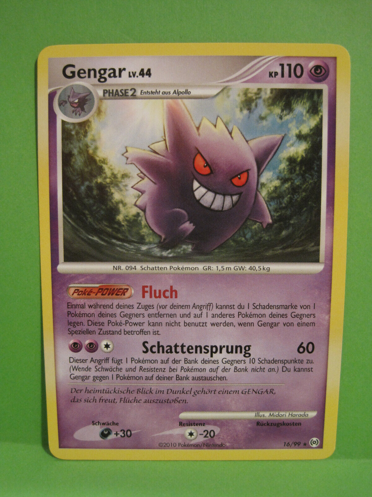 1 Pokemon Card Gengar Lv.44, 2010, German, 16/99, Pokemon Card, (N5)