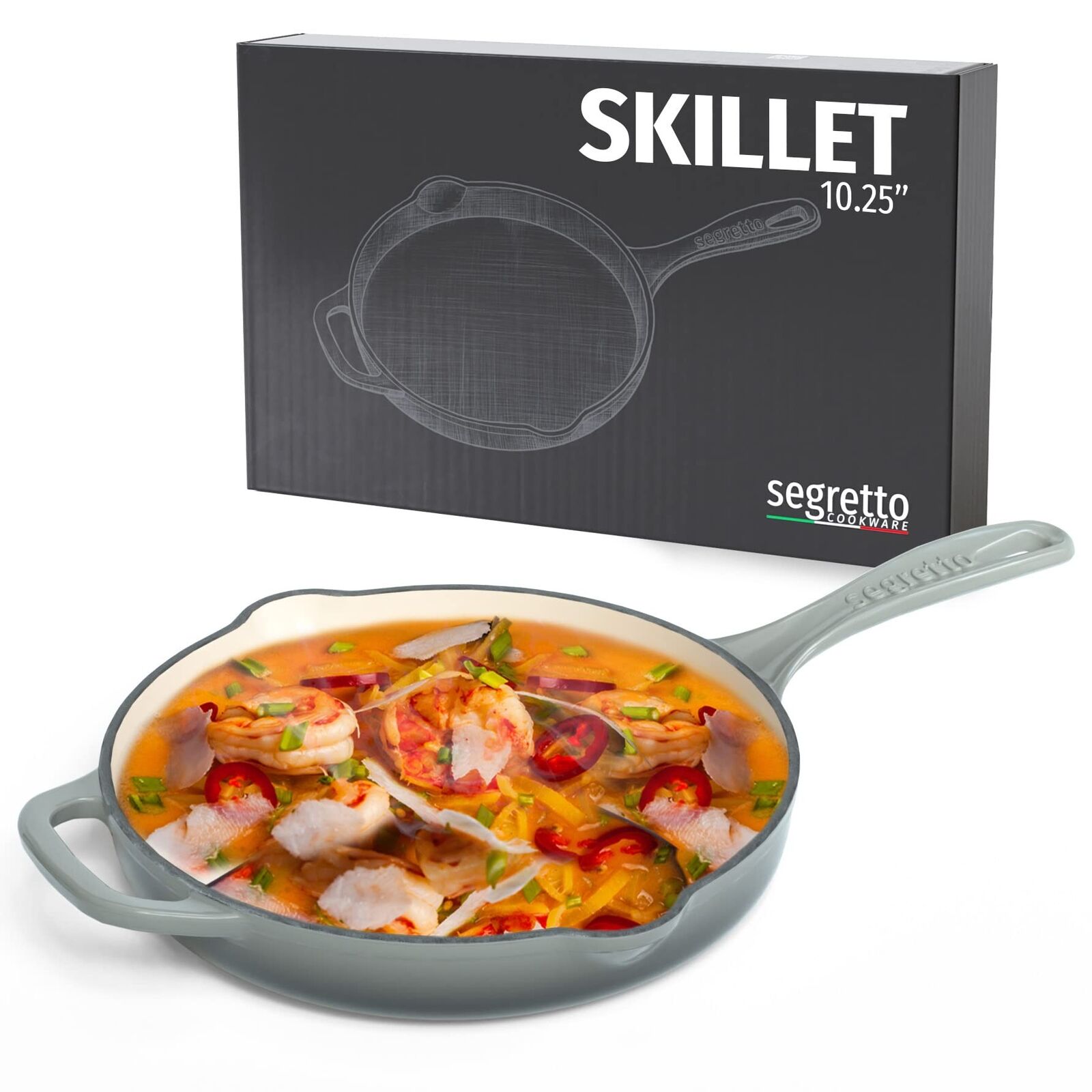 Segretto Cookware Pre-Seasoned Cast Iron Skillet, 10.25-IN Grigio Scuro (Grad...