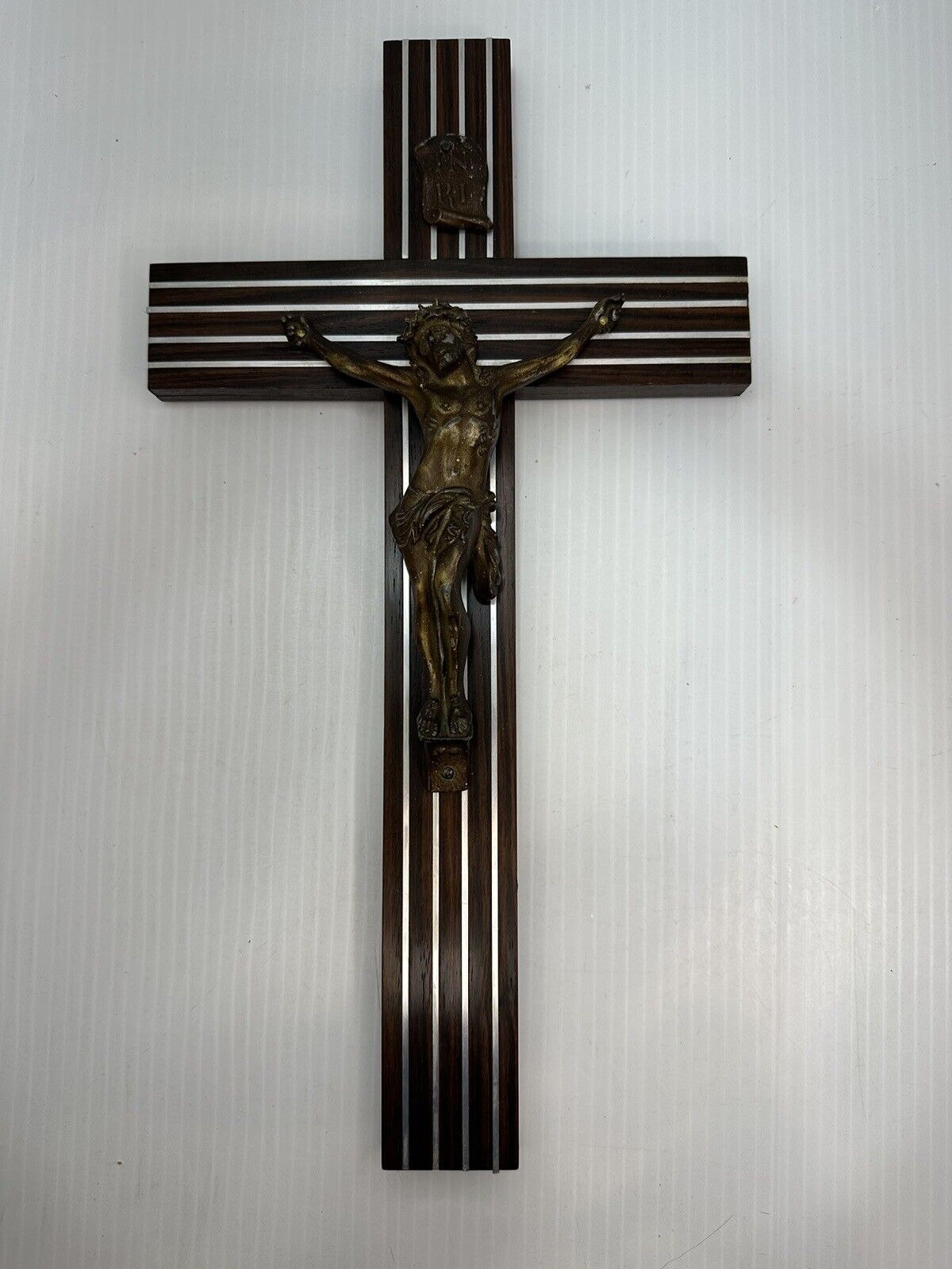 Vintage Antique Silver Metal Inlay Crucifix Cross Heavy Wood 14” X 7 1/2”