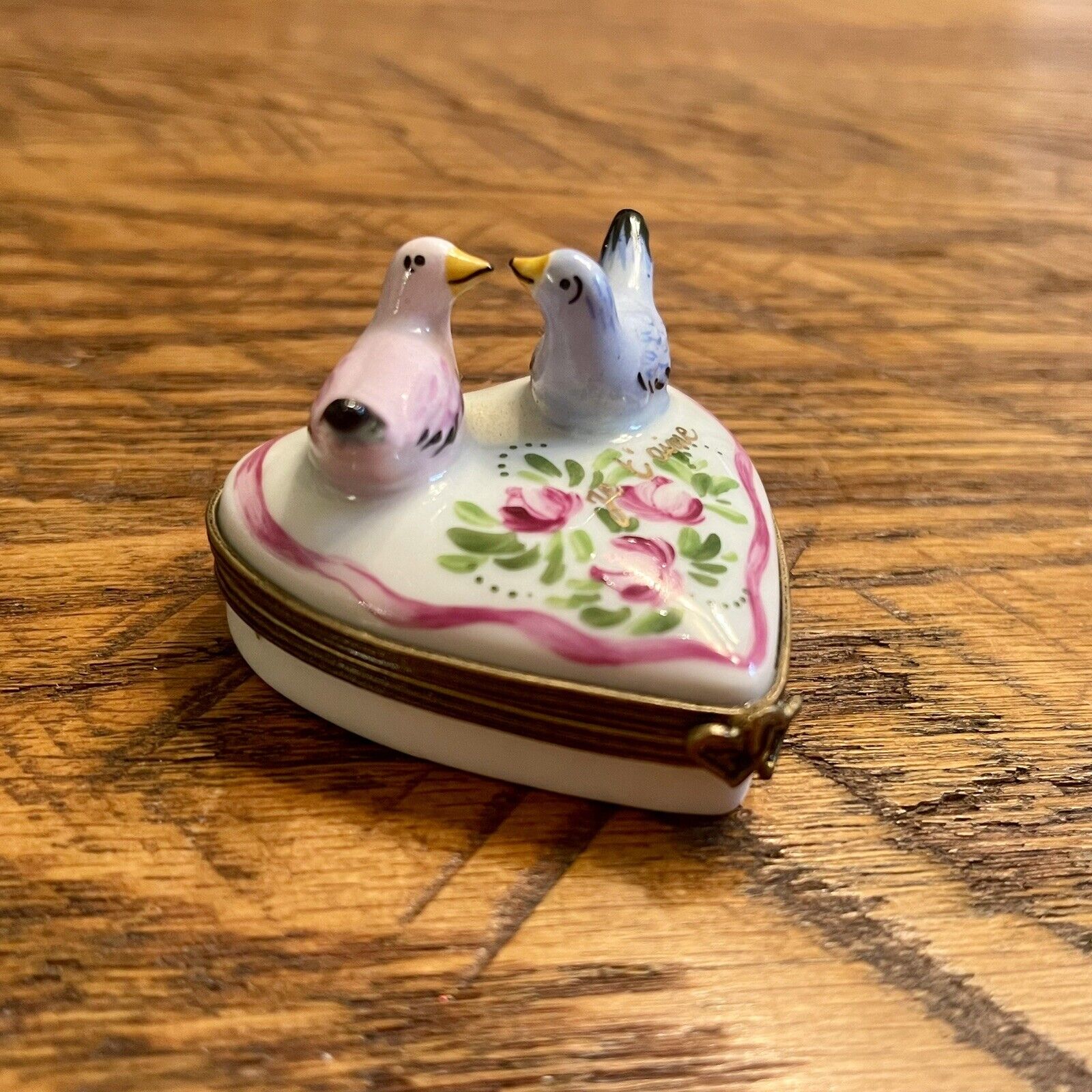Beautiful Porcelain French Limoges Heart Shaped ‘Love Birds’ Trinket Box