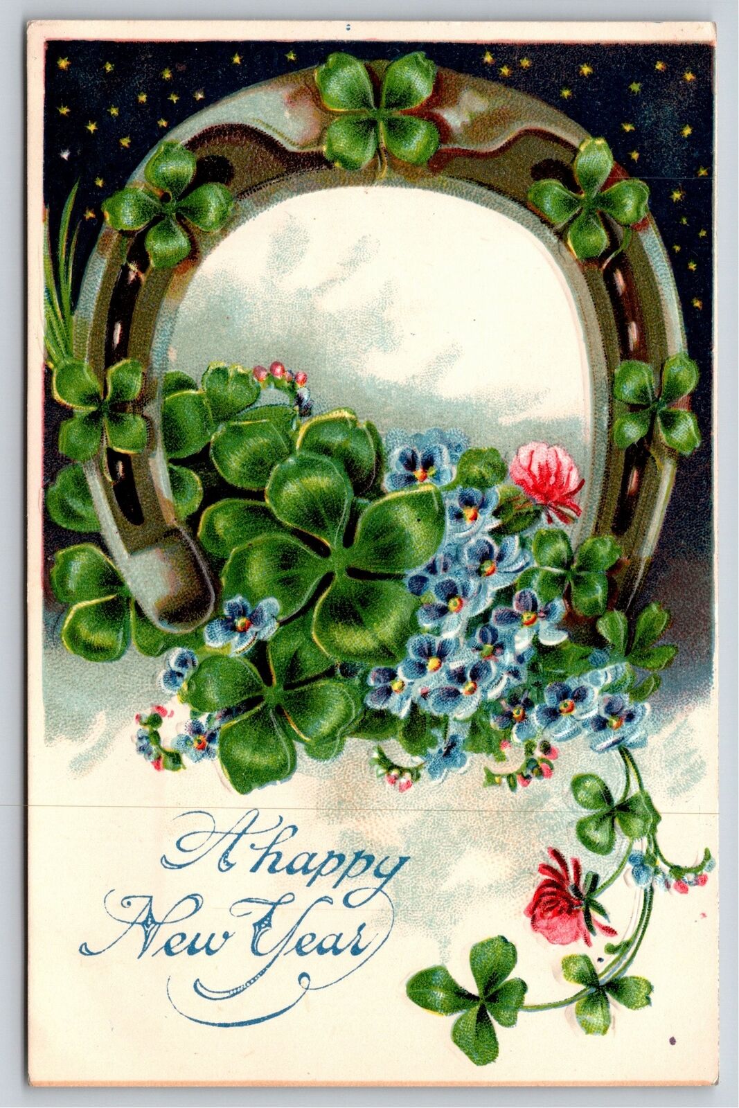 Holiday~A Happy New Year~Horseshoe W/ Clover & Flowers~Emb~Vintage Postcard