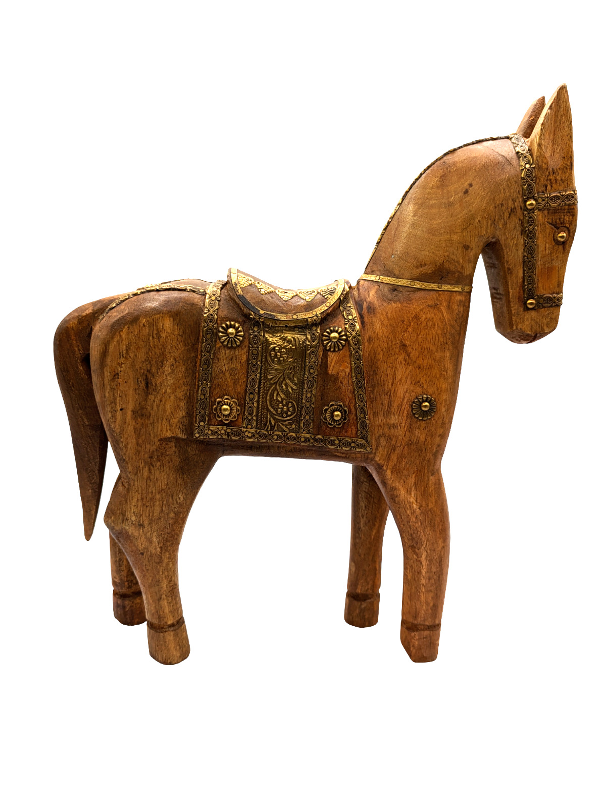 VTG Wooden Horse Figurine Hand carved with Brass Decorations Original Signed