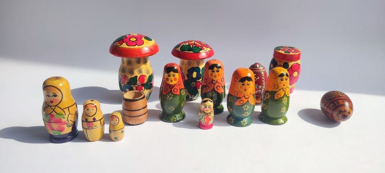 Matryoshka dolls, mushrooms, Easter eggs, vintage USSR toys