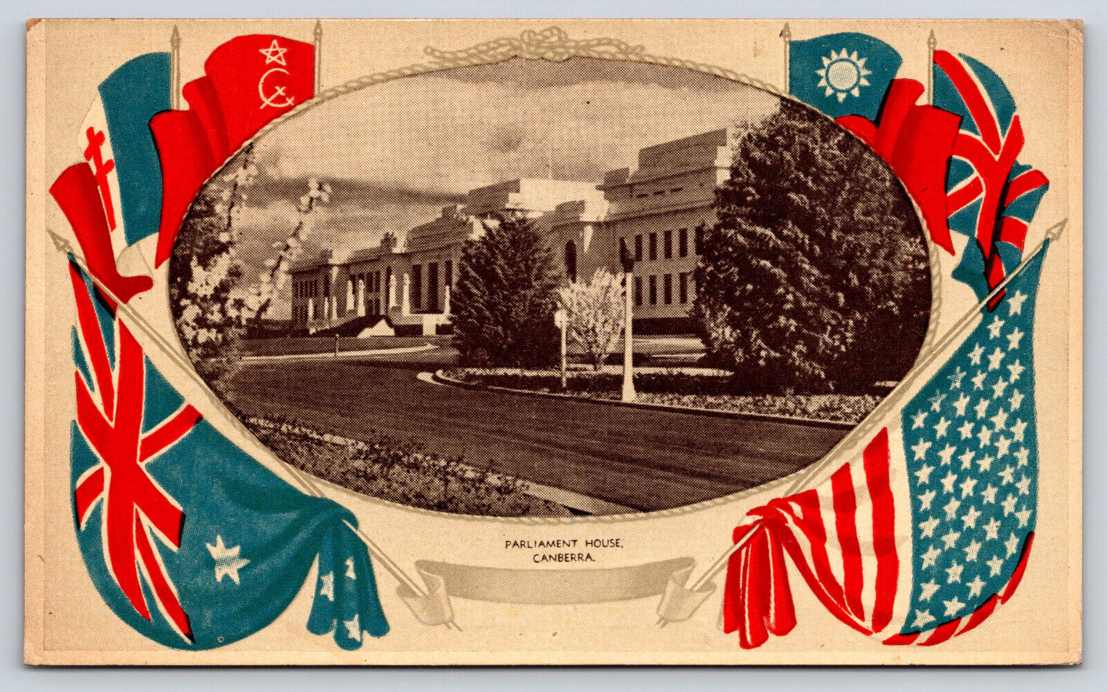 Original Vintage Antique Postcard Parliament House Oval Flags Canberra Australia