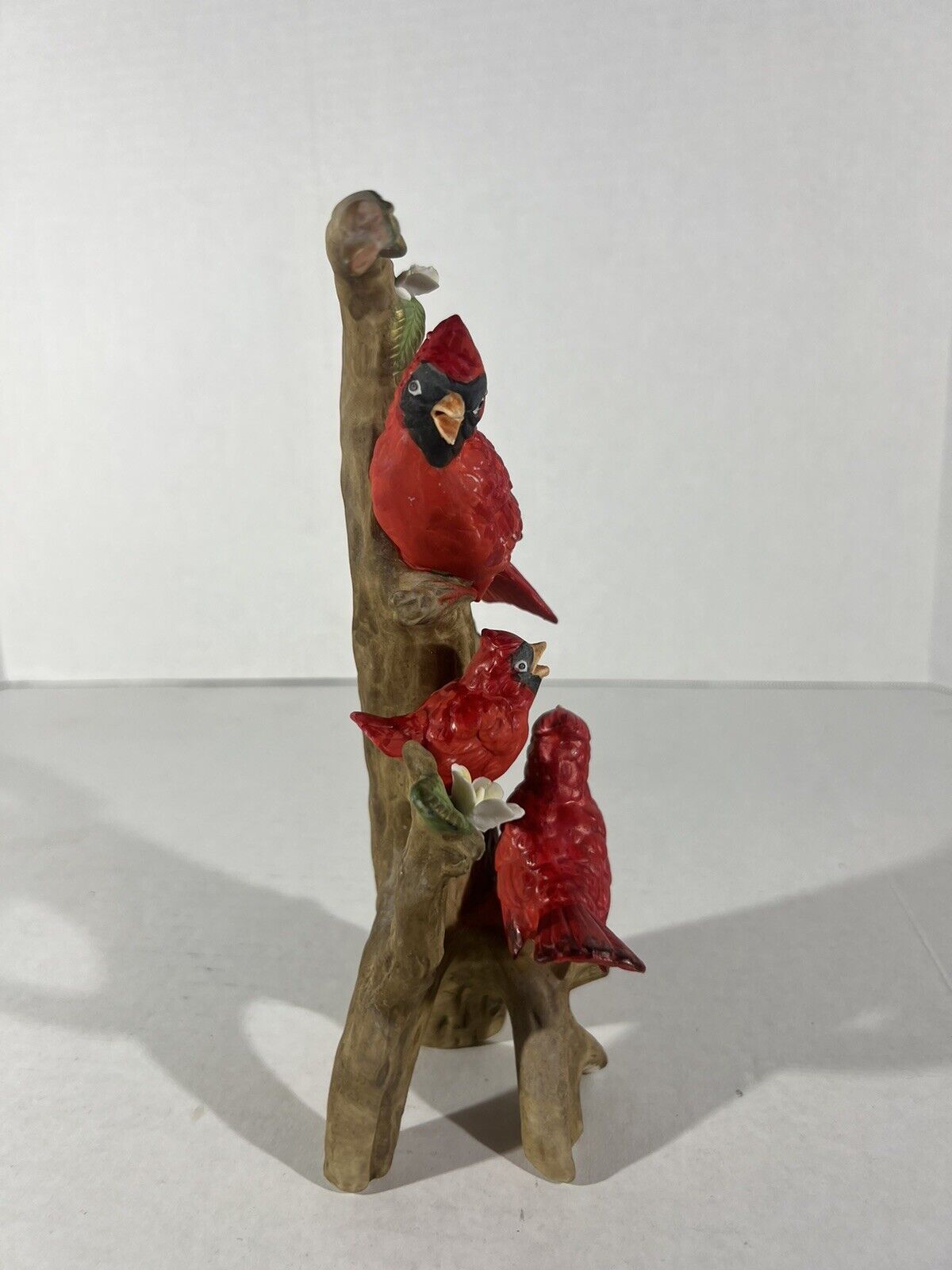 VINTAGE Porcelain Red Cardinals Figurine On A Cherry Blossom Tree.