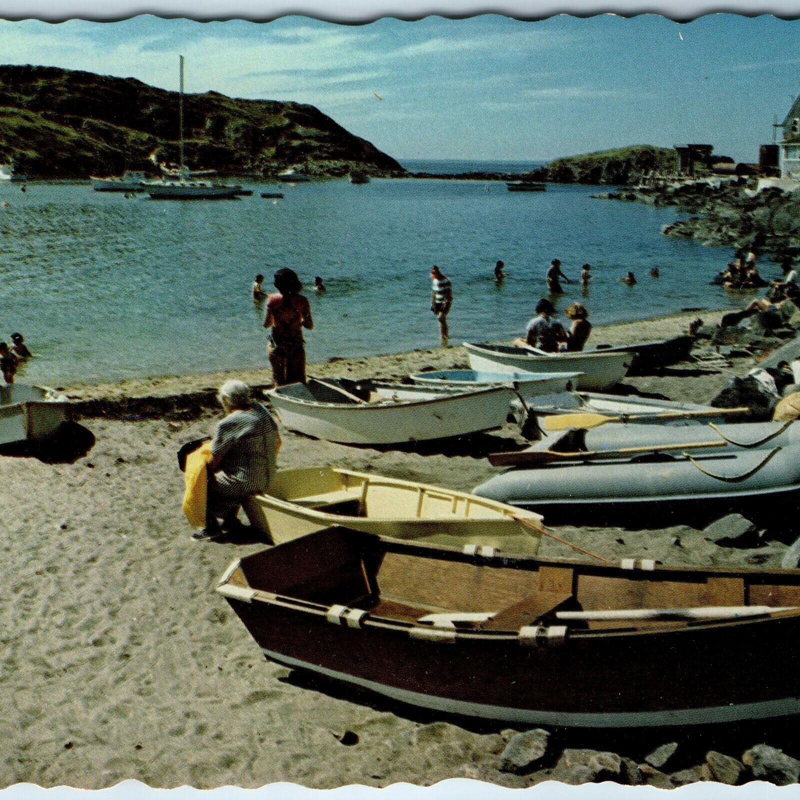 1979 Monhegan Island, ME Maine Beach Crowd Boats Swimming Yacht Harbor PC A235