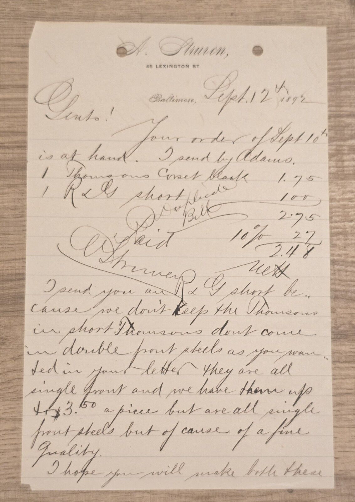 1892 A Struven -Bill for Corsets Detailed Handwritten Description Baltimore, MD 