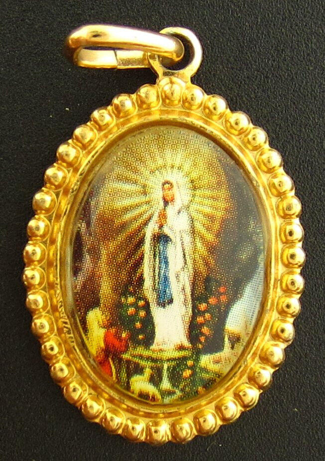 Vintage Mary Lourdes Color Plastic Medal Religious Holy Catholic