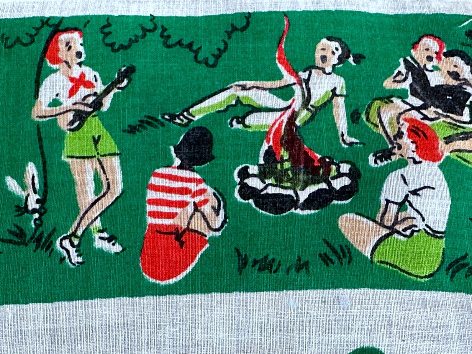 1950's Girl Scouts Have Fun JAMBOREE Novelty Scarf Barkcloth Era Vintage Fabric