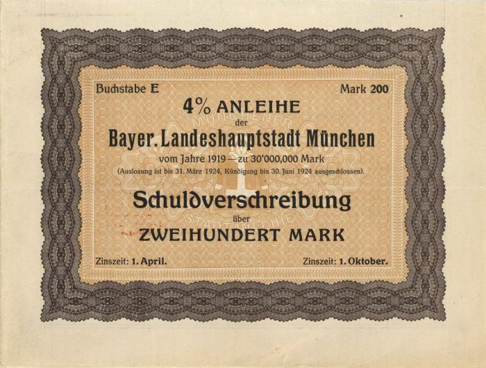 Anleihe der Bayer.Landeshauptstadt Munchen - 200 Mark Bond - Foreign Bonds